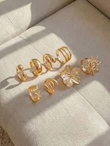 Resyla 8pcs/Set Cincin Polos Halus Vintage, Cincin Bintang Laut Bohemian yang Dipersonalisasi, Cincin Fashion - Emas - View 4