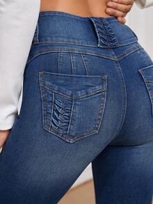 EMERY ROSE High Waist Button Fly Skinny Jeans - Dark Wash - View 3