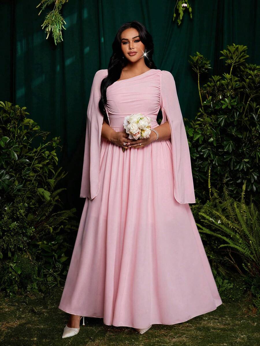 Roveilla Plus Size Women's Elegant Princess Palace Style Dress With Ruffle Sleeves, A-Line, Suitable For Vacation, Wedding, Bridesmaid, Party, Solid Light Pink Color - Pink - View 1