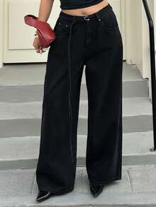 Dazy Plus Pantalones vaqueros anchos y sueltos con lavado vintage y decoración de cinturón, pantalones vaqueros largos de talla grande para mujeres - Negro - Ver 9