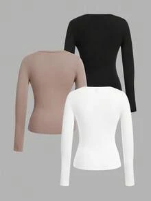 SHEIN EZwear 3 件套女式深 V 领弹力长袖打底 T 恤套装，适合秋冬季 - 彩色 - 查看 2