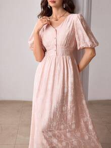 Modelyn V-Neck Puff Sleeve Jacquard Front Button Closure Pink Dress - Pink - View 3