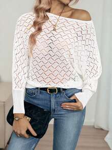 Louniche Suéter holgado de mujer con mangas de murciélago y hombros descubiertos, de textura hueca y versátil para uso casual y de vacaciones, primavera/verano - Beis - Ver 1