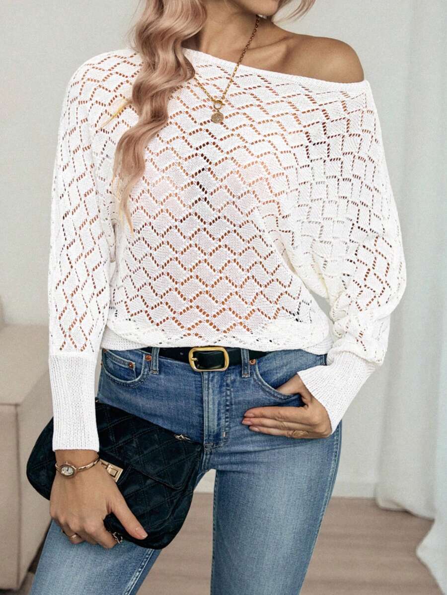 Louniche Suéter holgado de mujer con mangas de murciélago y hombros descubiertos, de textura hueca y versátil para uso casual y de vacaciones, primavera/verano - Beis - Ver 1