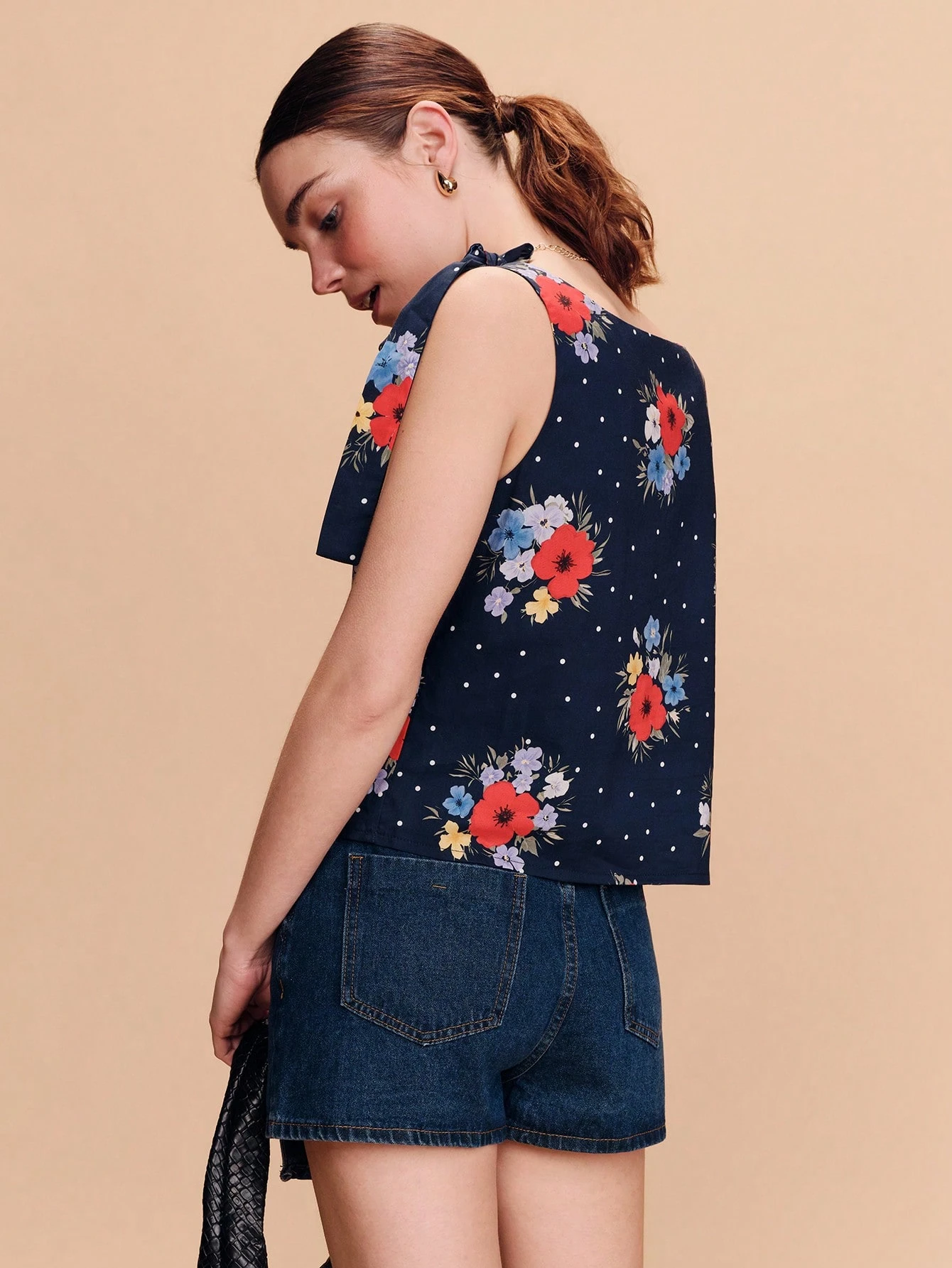 Navy Tank Top With A Floral And Polka-Dot Print, Featuring Shoulder Tie Knots Spring Summer Vacation Top French Style Parisian Style Polkadot  Top Tops For Women For Summer Tops To Wear With Jeans Latest Tops For Women New Arrivals Vintage Outfit For Women New In Women Clothing