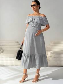 MaterniWear Schwangeren Frauen Off-Shoulder gestreiftes gerafftes modisches schickes Partytube-Kleid - Schwarz und Weiss - Übersicht 7