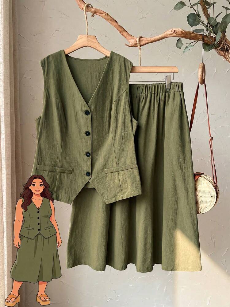 Plus Size Women Casual Brown Corduroy Sleeveless Vest Jacket And Skirt 2 Piece Set With Pockets, Autumn/Winter Summer Outfits Summer Clothes  Spring  Spring Outfit Women Spring Clothes Country Style For Women  Women Summer 2 Pieces Sets Vest And Skirt Set Olive Green Outfit Women
