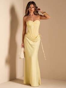 SHEIN BAE 女士黄色蕾丝抹胸上衣搭配缎面鱼尾裙摆连衣裙，黄色连衣裙，婚礼宾客礼服，正式礼服，约会礼服，优雅连衣裙 - 黃色 - 查看 4