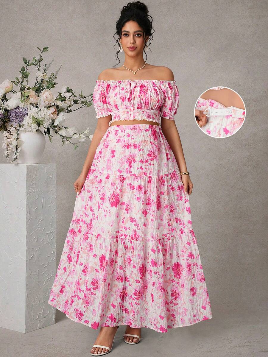 Momance Women's Elegant Printed Off Shoulder Camisole Top + Adjustable Waist Ruffle Hem Skirt Maternity 2-Piece Set - Multicolor - View 1