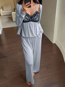 DAZY 3件套女士波点图案开衫长袖上衣、蕾丝拼接无袖吊带背心和直筒长裤睡衣套装，春季 - 藍色 - 查看 1