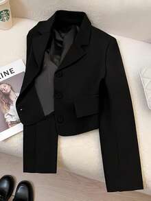 Franclia 2026新款女士黑色短款西装外套，翻领纽扣闭合，刺绣细节配假口袋，休闲通勤简约学院风夹克 - 黑色 - 查看 1