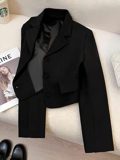 Franclia 2026 New Arrival Women's Black Short Blazer, Notched Lapel & Button Closure, Embroidered Detail With Fake Pockets, Casual Commuter Minimalist Preppy Style Jacket