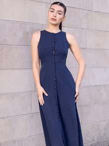 Andrea Bello Vacation Casual Solid Color Front Button Sleeveless Dress - Navy Blue - View 3