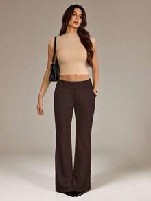 SHEIN Tall Quần nữ cạp thấp màu trơn, quần đen - màu nâu - Xem 5