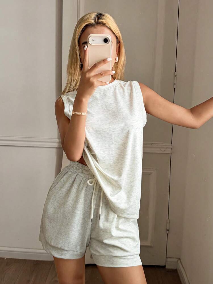 Women's Solid Color Round Neck Camisole And Drawstring Waist Shorts Casual Pajama Set