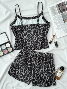SHEIN 少女性感豹纹蕾丝拼接吊带背心，夏季新款修身露背短款上衣套装 - 彩色 - 查看 2