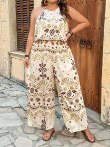 SHEIN CURVE+ Curve 尺码 US22 音乐节、海滨度假、波西米亚休闲度假图腾印花露背连体裤 - 彩色 - 查看 7