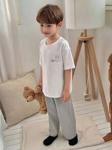 Dazy Kids Young Boy Cartoon Letter Print Round Neck Short Sleeve Top And Striped Pants Casual Loungewear Pajama Set - White - View 6