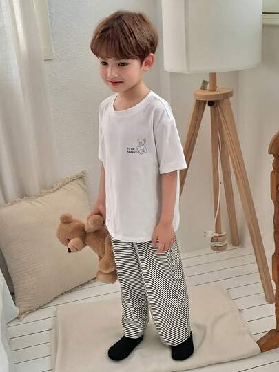 Dazy Kids Young Boy Cartoon Letter Print Round Neck Short Sleeve Top And Striped Pants Casual Loungewear Pajama Set