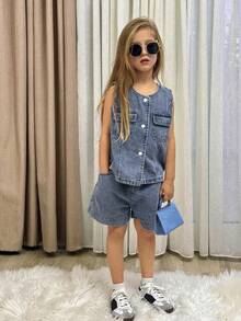 DAZY Vintage Denim Vest & Shorts 2pcs Set, Fashionable Denim Waistcoat & Shorts Outfit For Girls Summer - Blue - View 1