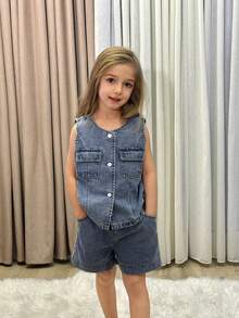 DAZY Vintage Denim Vest & Shorts 2pcs Set, Fashionable Denim Waistcoat & Shorts Outfit For Girls Summer - Blue - View 8
