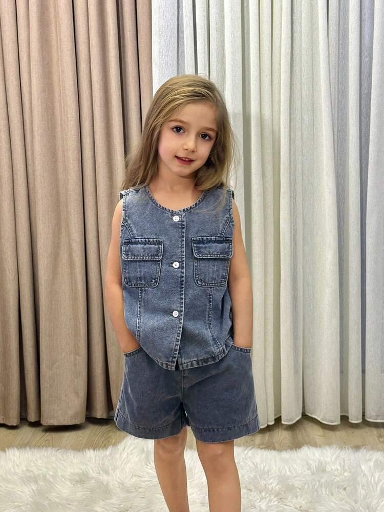 Vintage Denim Vest & Shorts 2pcs Set, Fashionable Denim Waistcoat & Shorts Outfit For Girls Summer