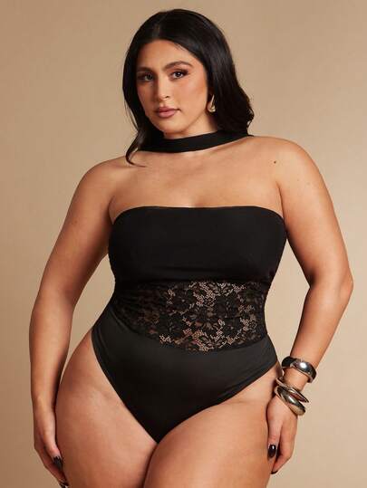 SHEIN BAE Plus Size Women's Black Lace Patchwork Bodysuit, Summer,Women's Sexy Lace Patchwork Halter Bodysuit, Suitable For Nightclub Party, Cocktail Events, Sexy Outfit For Daily Wear, Festivals, Vacations, Christmas, Black Lace Bodysuit