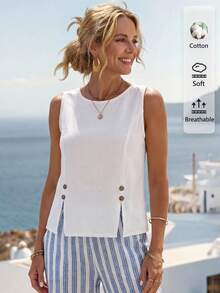 Faunlyn Women's Casual Plain Color Button Decor Split Hem Loose Sleeveless Blouse, Summer - White - View 6