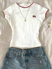 Áo thun nữ tuổi teen mùa hè mới, kiểu dáng tối giản ngọt ngào, in hình nơ và quả anh đào, trang trí cổ áo thêu, tay ngắn, dáng rộng, dễ thương, đa năng, phù hợp cho mùa xuân và hè. - trắng - Xem 3