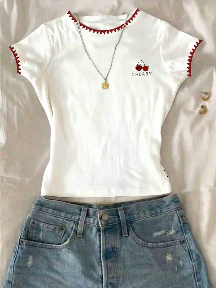 1 pieza Blusa de verano nueva y dulce para adolescentes con estampado minimalista de lazo y cereza, decorada con cuello bordado, manga corta, estilo casual y holgado, look versátil y lindo, adecuado para primavera y verano - Blanco - Añade 3