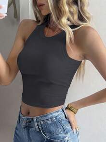 DAZY 1 件女士休闲纯色修身背心，适合日常穿着，夏季 - 深灰色 - 查看 4