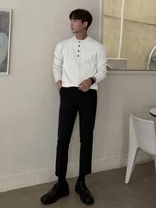 SHEIN X Scheana DAZY Suéter de punto acanalado con botones a media altura para hombre, otoño - Blanco - Ver 4