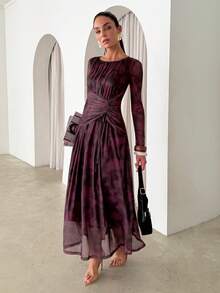 Lavishia 紫色褶裥腰身圆领中长连衣裙 - 中紫紅色 - 查看 5