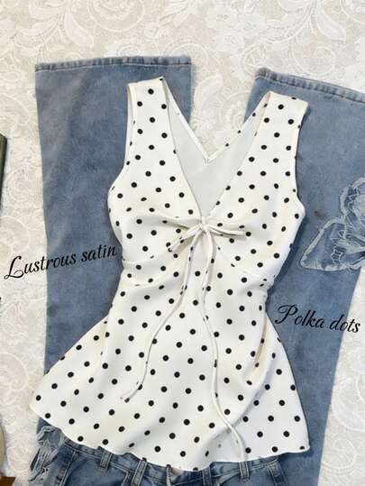 Rina Fox Women's Elegant Vintage Polka Dot V-Neck Cinched Waist Sleeveless Top, Slimming