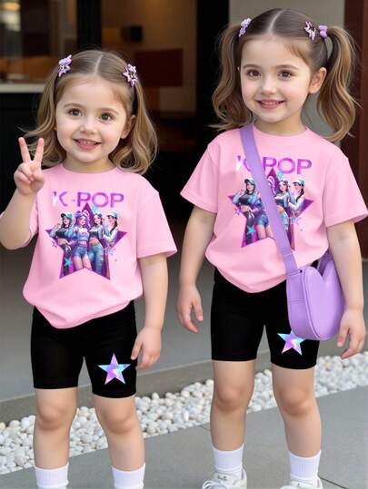 Spring And Summer 2-Piece Set: Casual Fashionable Creative Personalized Refreshing Minimalist Virtual Girl Group Graphic Tee And Bike Shorts, Comfortable Daily Wear; Cozy Summer Styles Suitable For Spring, Summer, Autumn For Baby Girls, Athleisure Outfits; Sets: Pink T-Shirt And Black Shorts 2-Piece Suit, KPOP Witch Hunting Girl Group