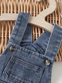 SHEIN Playful Pals Baby Boys' Washed Denim Shorts,Blue Summer Casual City Break Stylish Street Fashion Distressed Cotton Soft Adjustable Strap Pocket Decor Overalls - Medium Wash - View 3