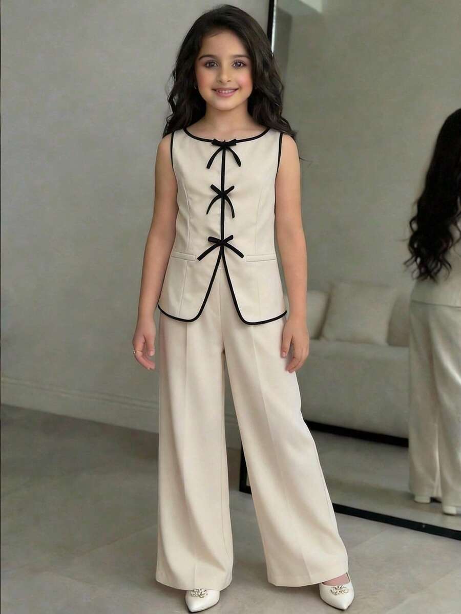 SHEIN 2件套少女休闲时尚通勤套装，圆领撞色蝴蝶结背心和七分裤，春夏款 - 卡其色 - 查看 1