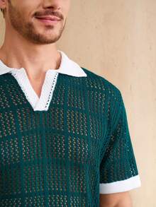 Manfinity CityGents Men's Summer Casual Vacation Contrast Trim Mesh Hollow Short Sleeve Knit Top - Green - View 2