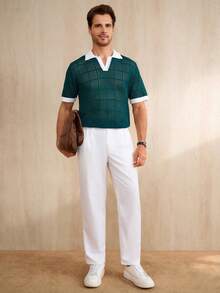 Manfinity CityGents Men's Summer Casual Vacation Contrast Trim Mesh Hollow Short Sleeve Knit Top - Green - View 4