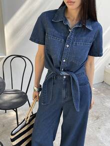 DAZY Conjunto de top con lazo y pantalones vaqueros casuales para mujer, vestido de invitada de boda de verano para mujer - Azul - Ver 9
