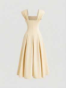 Tween Girl Elegant Sleeveless Wide Strap Ruched Flared Dress,Apricot White Summer Party,Girls Formal Modest Cream Long Beige Classy Spring Dresses - Apricot - View 3