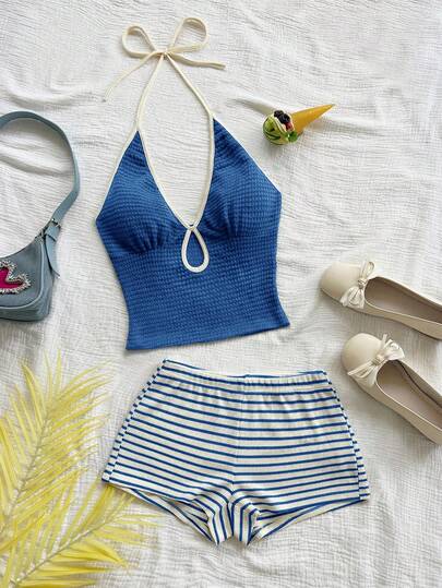 Soleia Women's Vacation Casual Knit Textured V-Neck Spaghetti Strap Tie Camisole And Shorts Two Pieces Set, Suitable For Party, Christmas, Date, Nightclub, Bohemian, Boho, Vacation, Fall