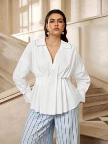VOLUPTÉ CURVE Plus Size Women's Autumn/Winter White Top V-Neck Lapel Long Sleeve Waisted, Elegant Casual Vacation Business Office - White - View 3