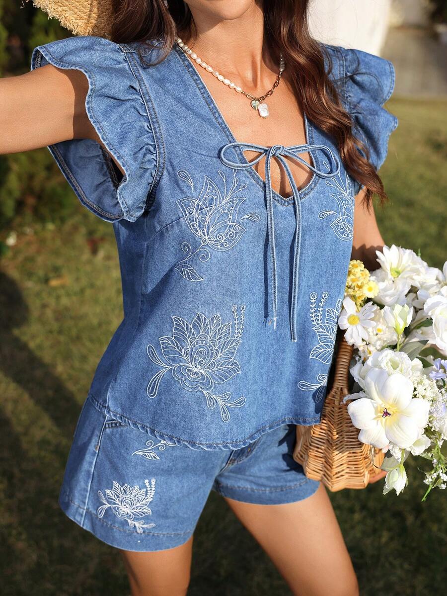 Breezaya Women's Summer Vacation Embroidered Denim Set - Light Wash - View 1