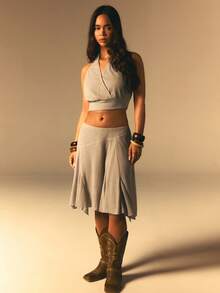 Athîral 女士休闲V领吊带上衣和针织裙两件套，适合度假穿着 - 卡其色 - 查看 5