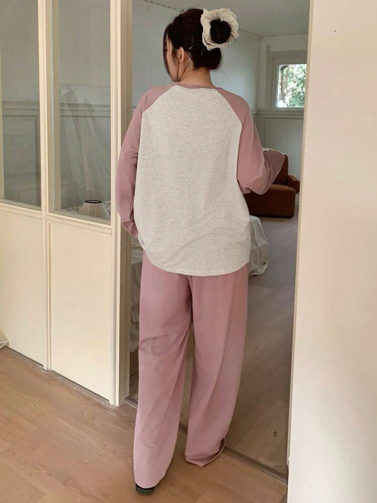 Dazy Plus Plus Size Women Cute Cartoon Print Loose Contrast Color Patchwork Long Sleeve Top And Pants Pajama Set, Spring/Autumn