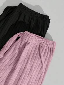 EURMUSE Women 2 Pcs Rib Knit With Fake Drawstring Detail Long Homewear Sleep Bottoms Sets - Multicolor - View 5