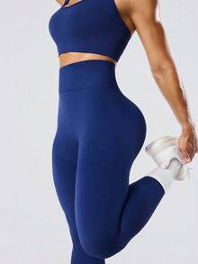 Solea Cove Royal Blue Summer Athleisure Gym Seamless Yoga Set,No See-Through Square Neck Sports Bra And Scrunch Leggings,Buttery Soft 2 Piece Workout Set - Navy Blue - View 8