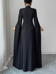 SHEIN Elenzya Middle Eastern Elegant Women's Black Placement Print 2-Piece Set, Chinese Style Outfit With Super Long Slit Flared Sleeves, Symmetrical Gold Foil Print On Front Bodice And Maxi Skirt, Casual Elegant Vacation Party Outfit, Middle Eastern Festival Wear Elegant Woman Clothing Dress With Cape Dress Elegant Two Piece Abaya Modest Formal Dress - Black - View 2