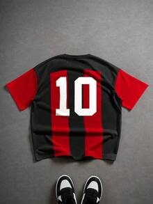 Aesthetic Post Retro Streetwear, Barcelona Spotify Logo & Badge Embroidery, Men's Red & Blue Striped Short Sleeve Soccer Jersey T-Shirt - Multicolor - View 2